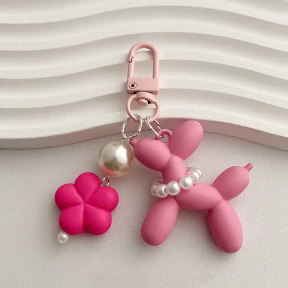 💕Set of 2 Cute Balloon Dog with Pearls & Flower Charm Keychains Pink & Fuchsia - Picture 4 of 5